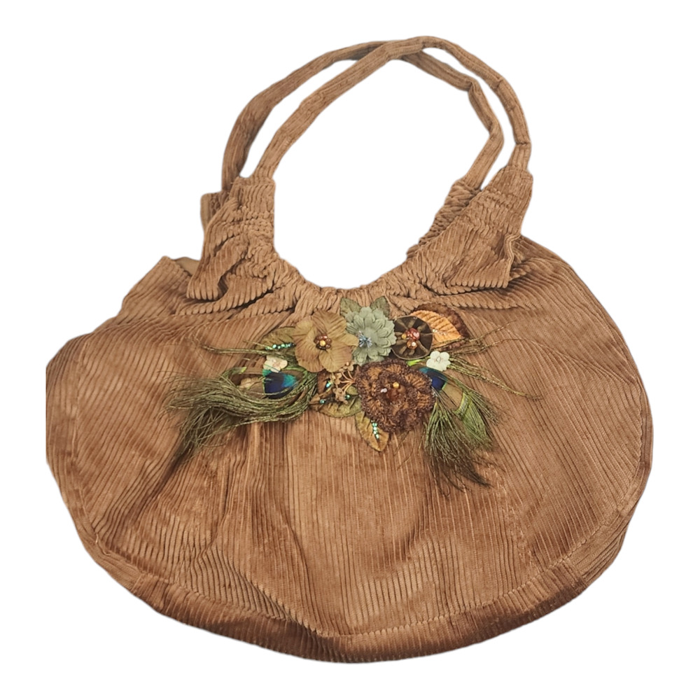 Brown Corduroy Snap Tote Bag / Purse Embroider/Beaded/Flowers/Peacock Feathers